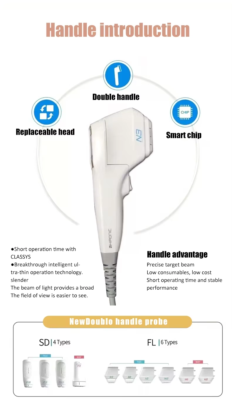 Doublo handle probe diagram showcasing replaceable heads, smart chip, and handle advantages. - HUIMAIN