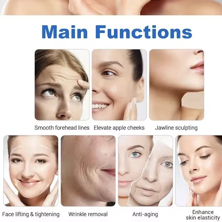 Image showcasing the main functions of an anti-aging beauty device, including wrinkle reduction, face lifting, and skin elasticity enhancement. - HUIMAIN