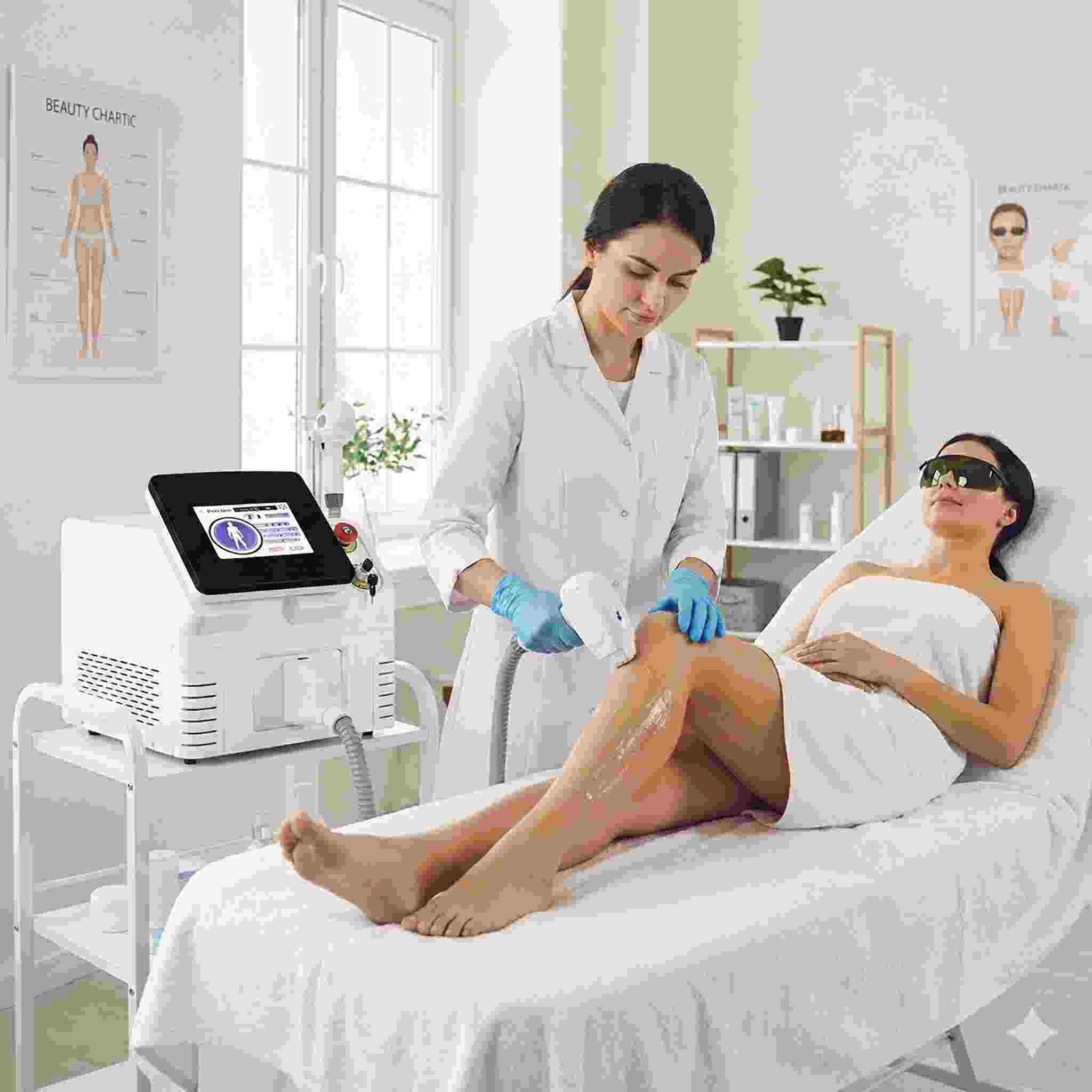 Woman receiving laser hair removal treatment on her leg at a clinic. - HUIMAIN