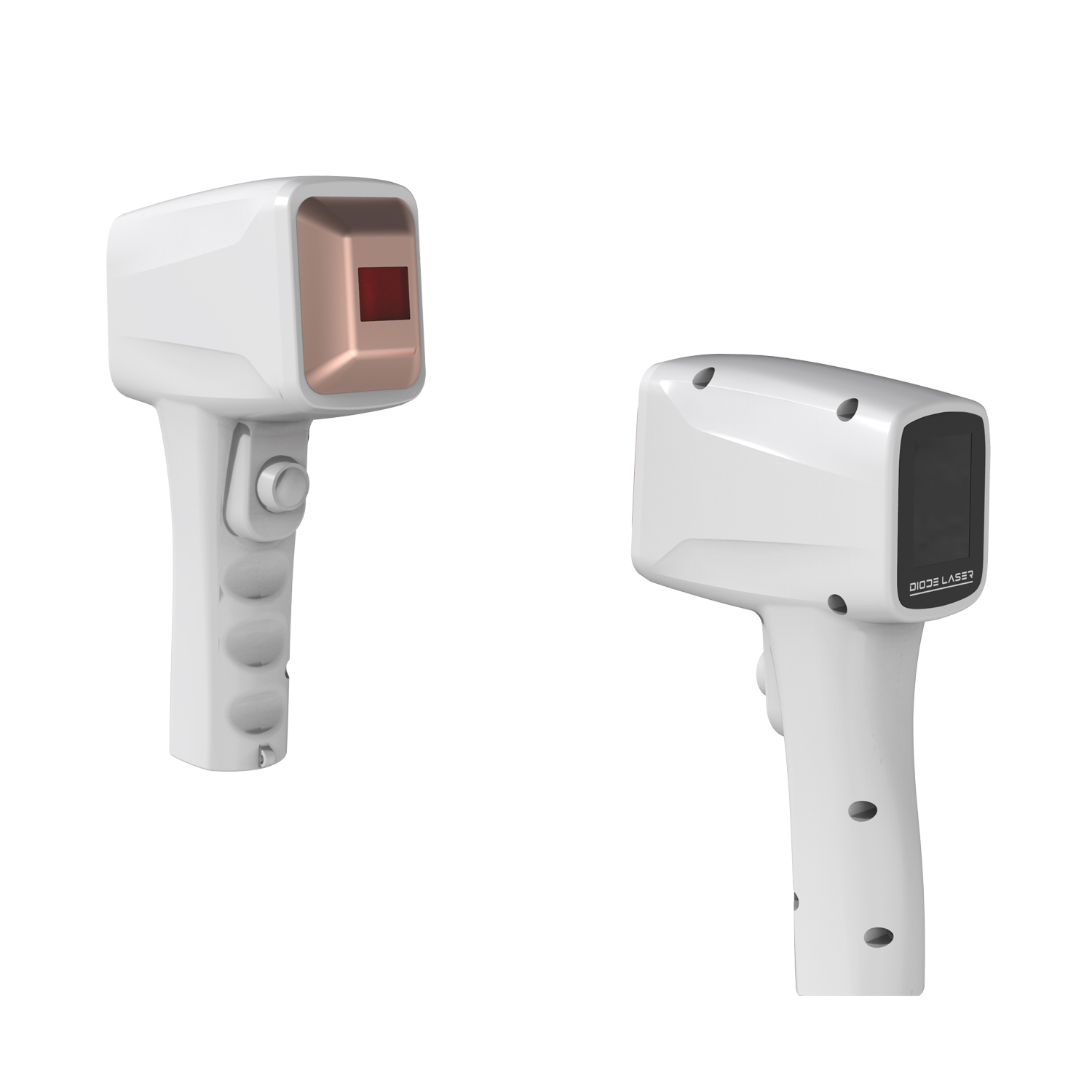 Two views of a white diode laser hair removal device.
