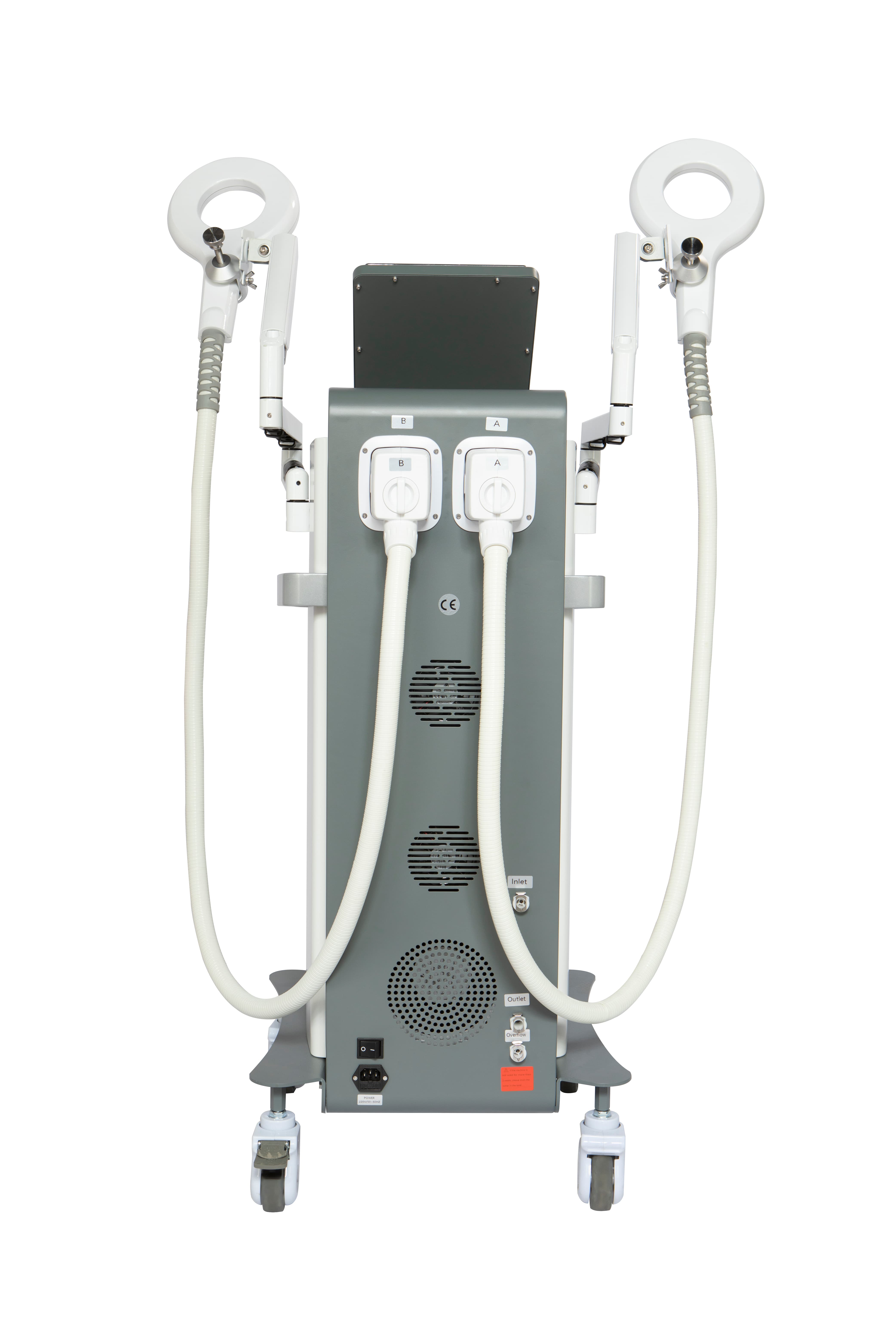 Rear view of a portable cryolipolysis machine with dual handles.