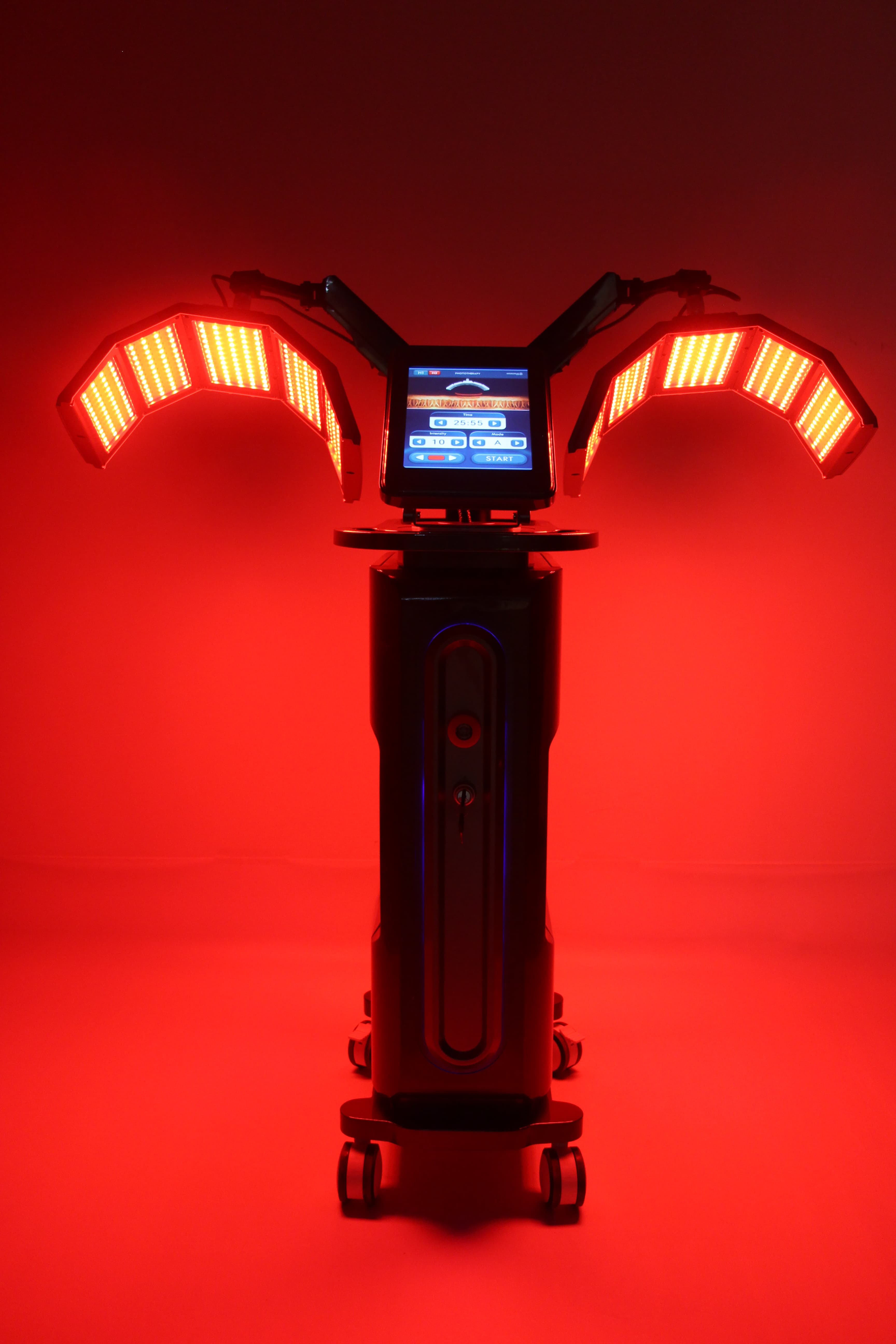 Red light therapy device with LED panels and a touch screen.