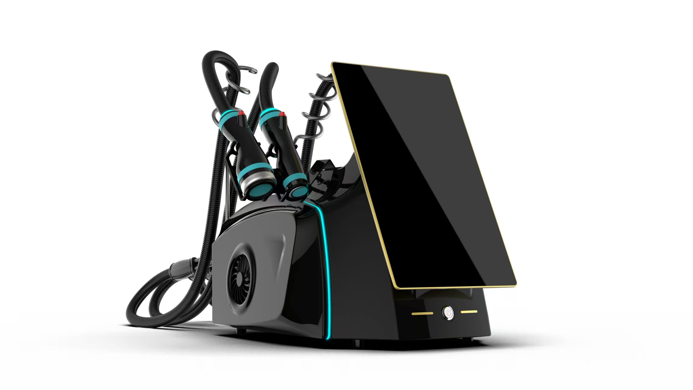 Modern black and gold aesthetic machine with handles and a digital display for spa or medical use.