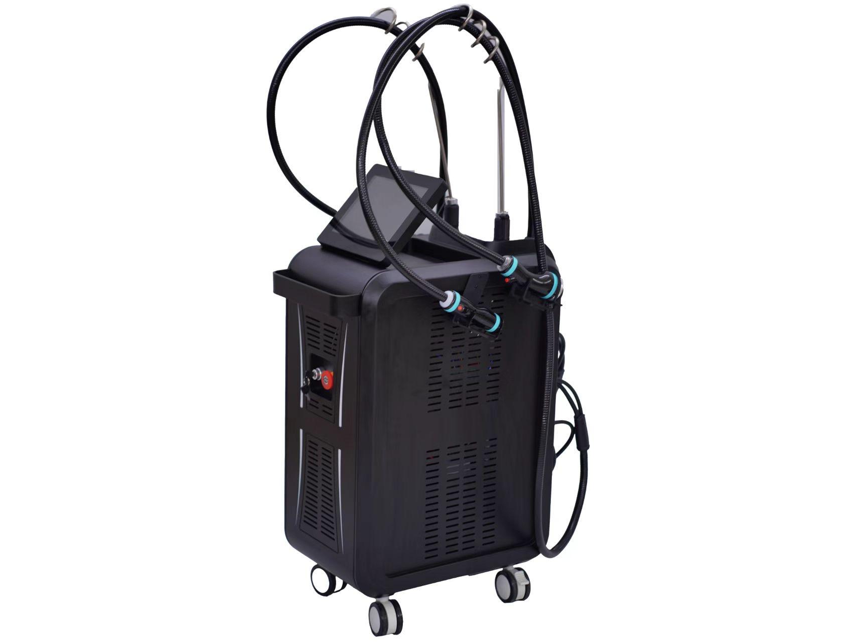 Máquina de terapia de belleza con ruedas negras y pantalla táctil.