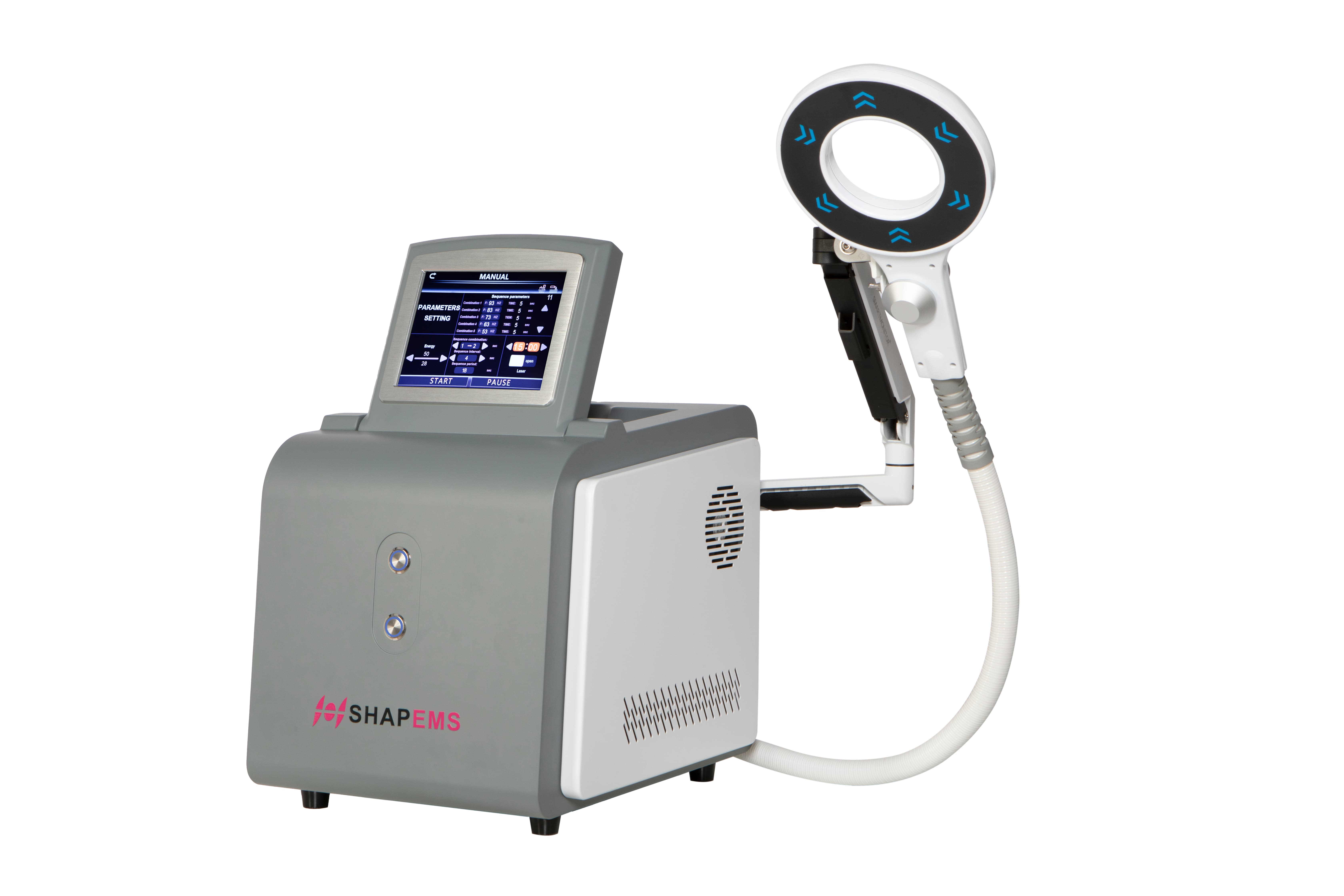 SHAPEMS high-intensity focused electromagnetic body sculpting machine with applicator and touchscreen controls.