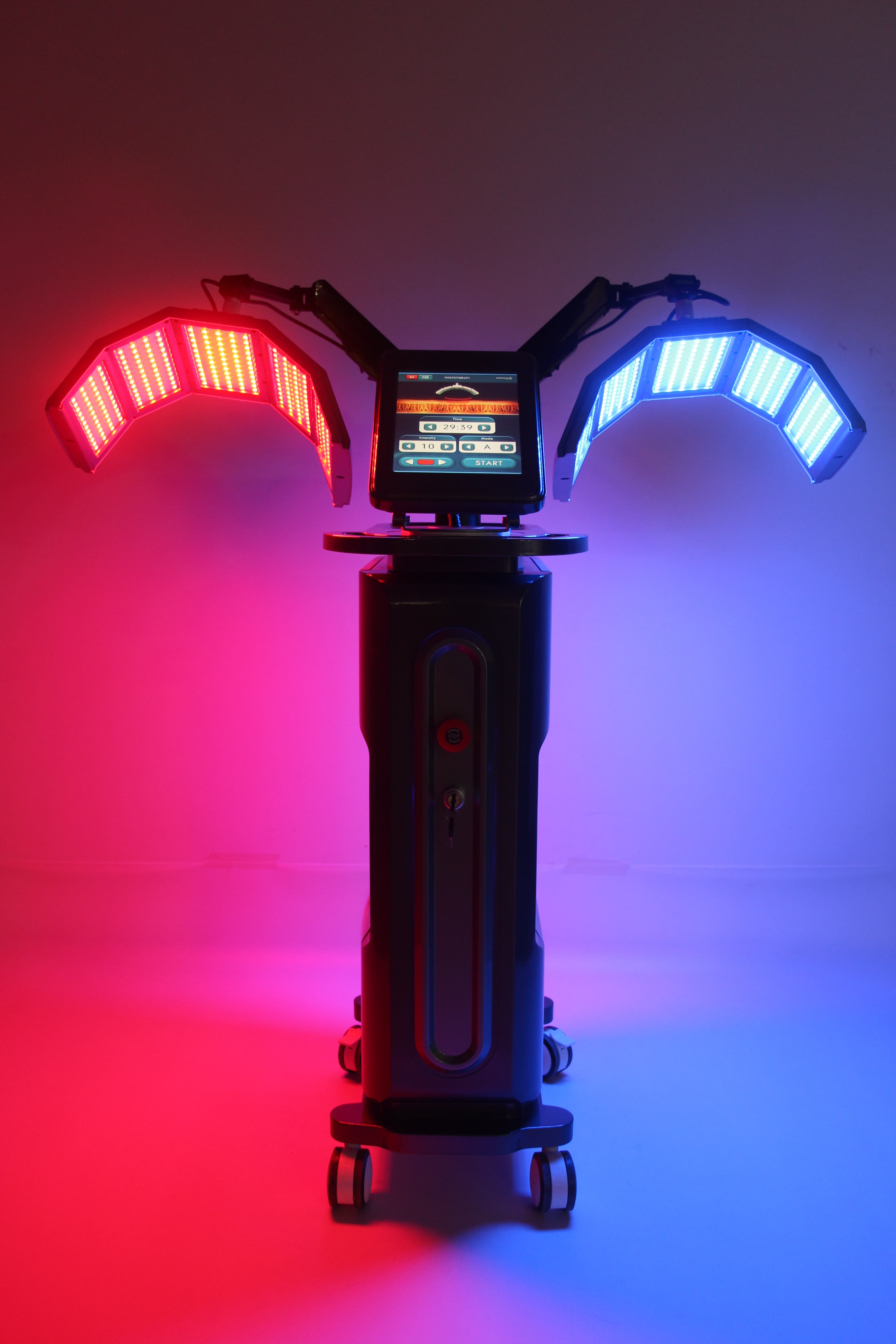 LED phototherapy machine with red and blue light panels.