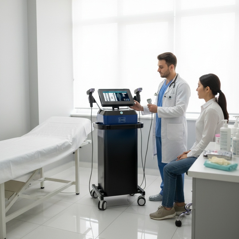 Médico con paciente y máquina de microagujas rf.