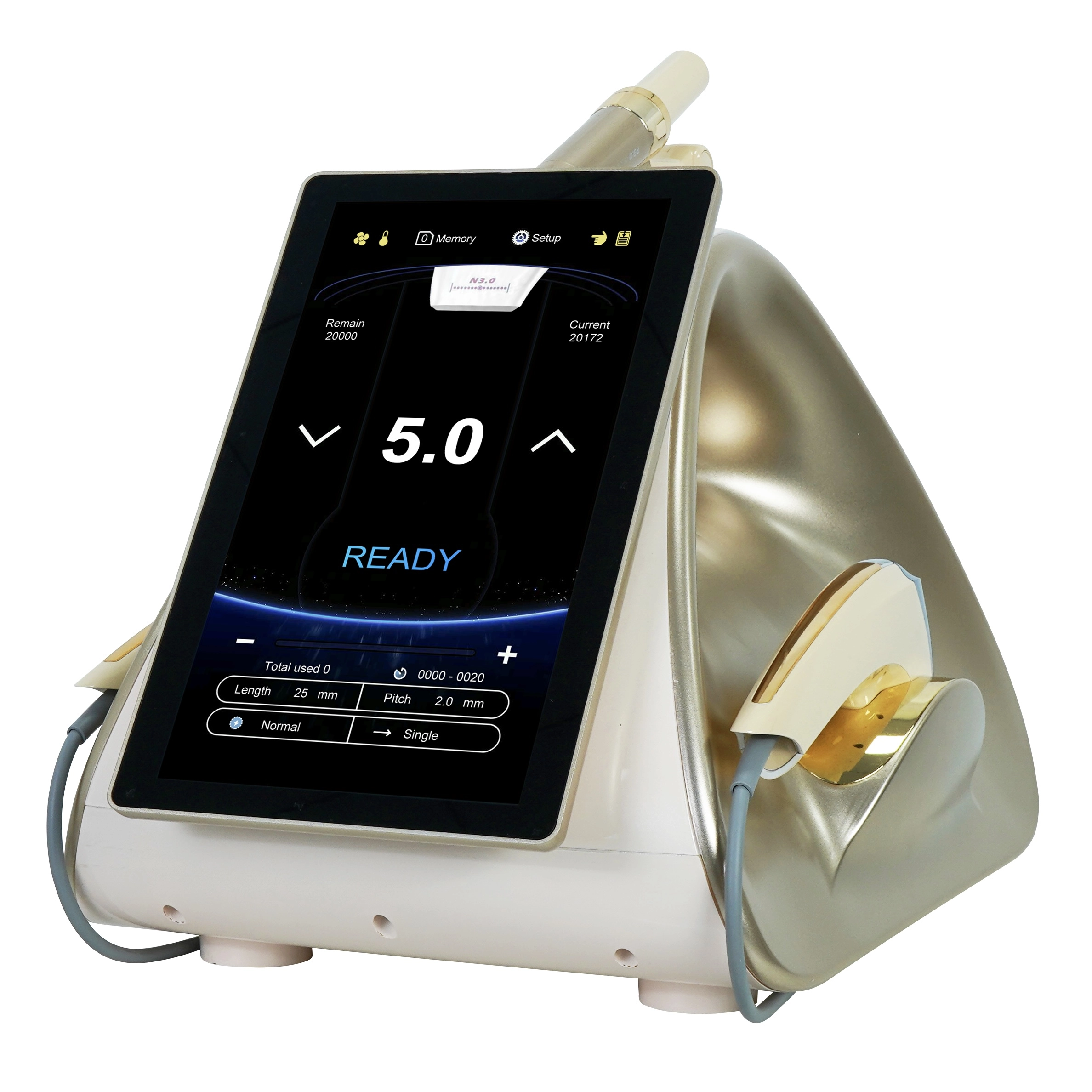 Cosmetic treatment device with touchscreen interface and gold accents. - HUIMAIN