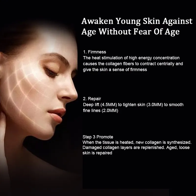 Skincare product ad showing woman's face with grid lines and text explaining firmness, repair, and collagen promotion. - HUIMAIN