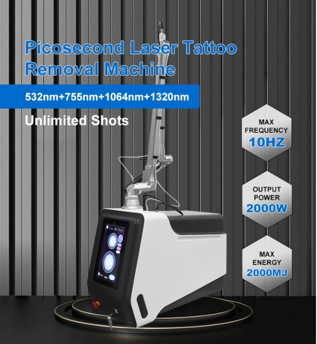 Picosecond laser tattoo removal machine with 532nm, 755nm, 1064nm, and 1320nm wavelengths, unlimited shots, max frequency of 10Hz, output power of 2000W, and max energy of 2000mJ. - HUIMAIN