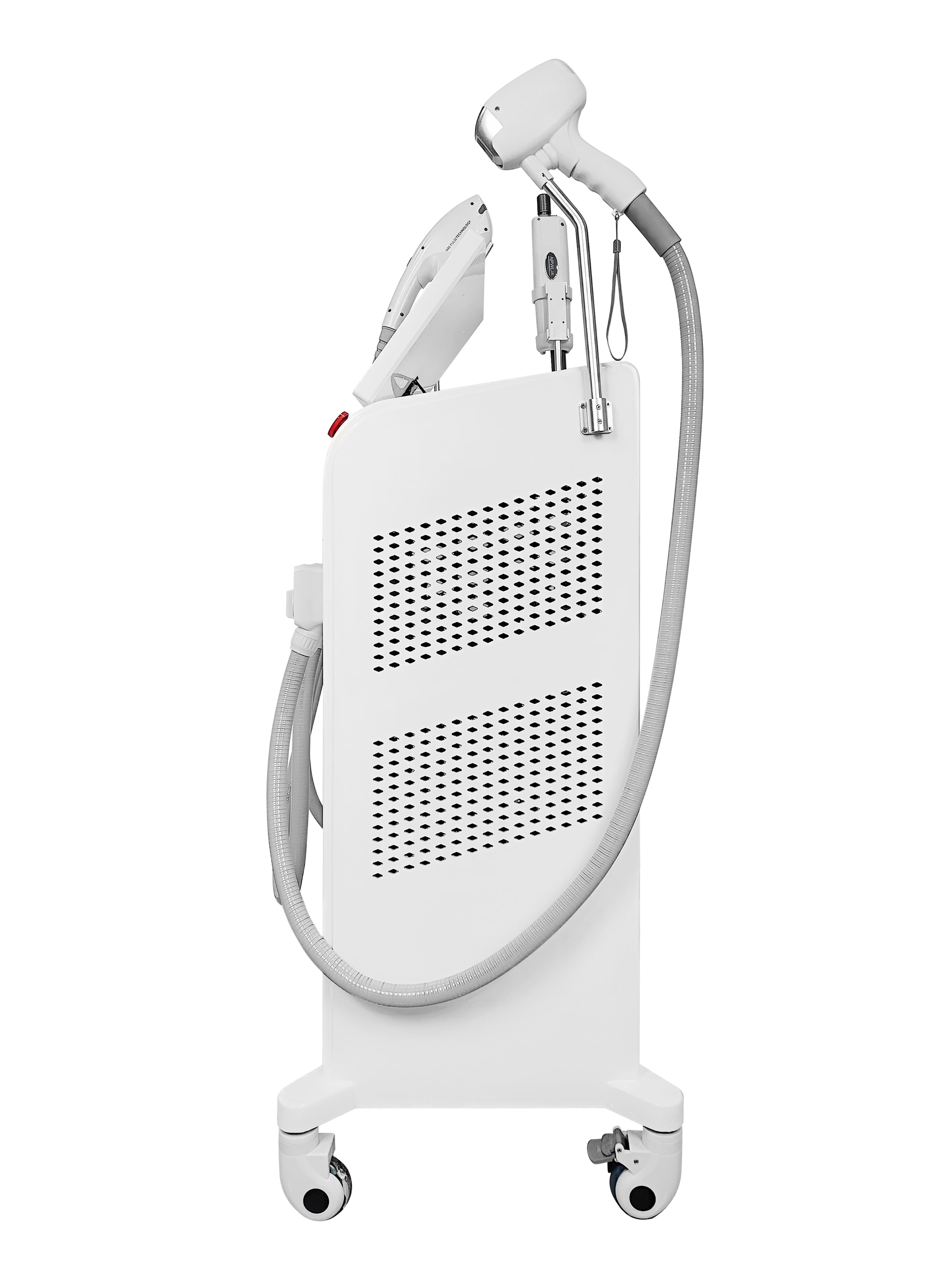 White medical aesthetic laser hair removal machine with multiple handpieces.