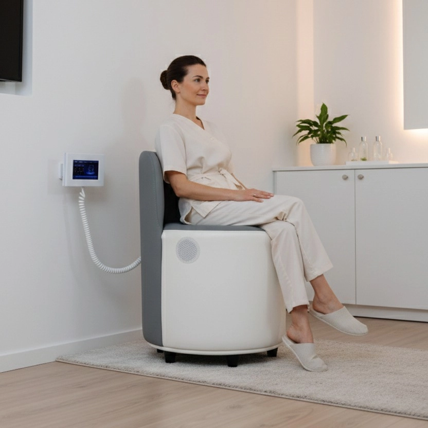 Woman seated on a pelvic floor chair. - HUIMAIN