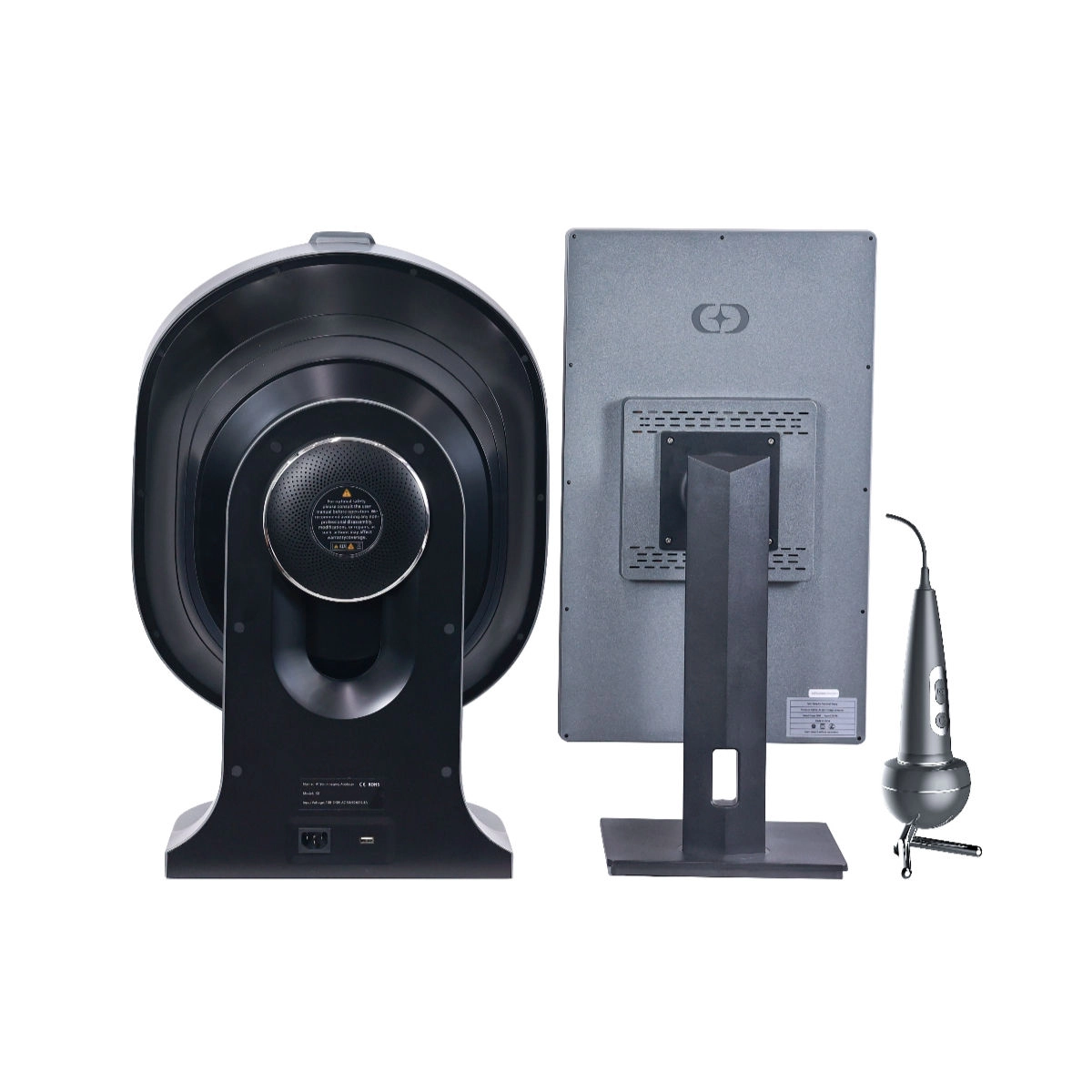 Rear view of a medical device with a screen, scanner, and stylus. - HUIMAIN