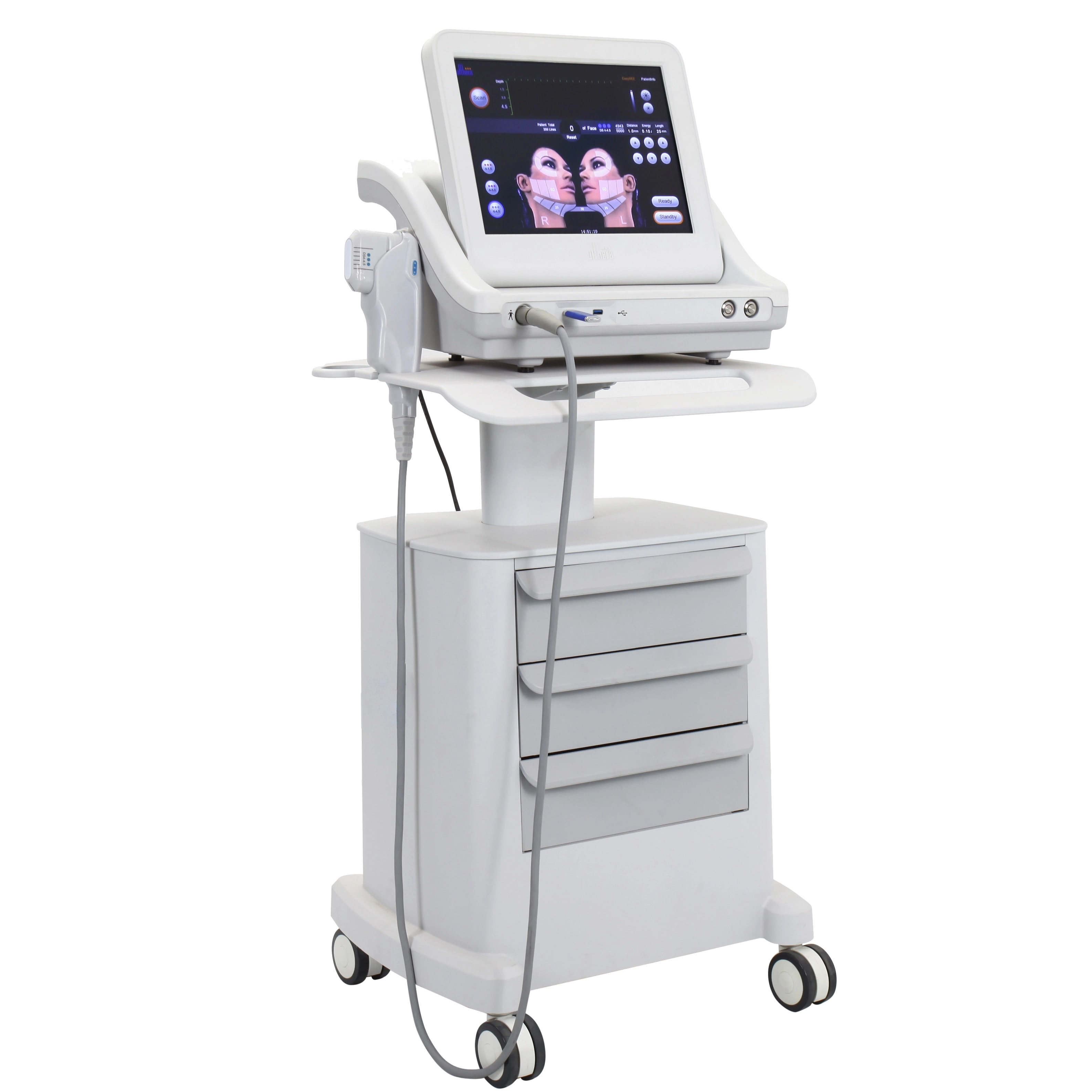 Professional HIFU (High-Intensity Focused Ultrasound) machine for cosmetic procedures on a rolling cart. - HUIMAIN