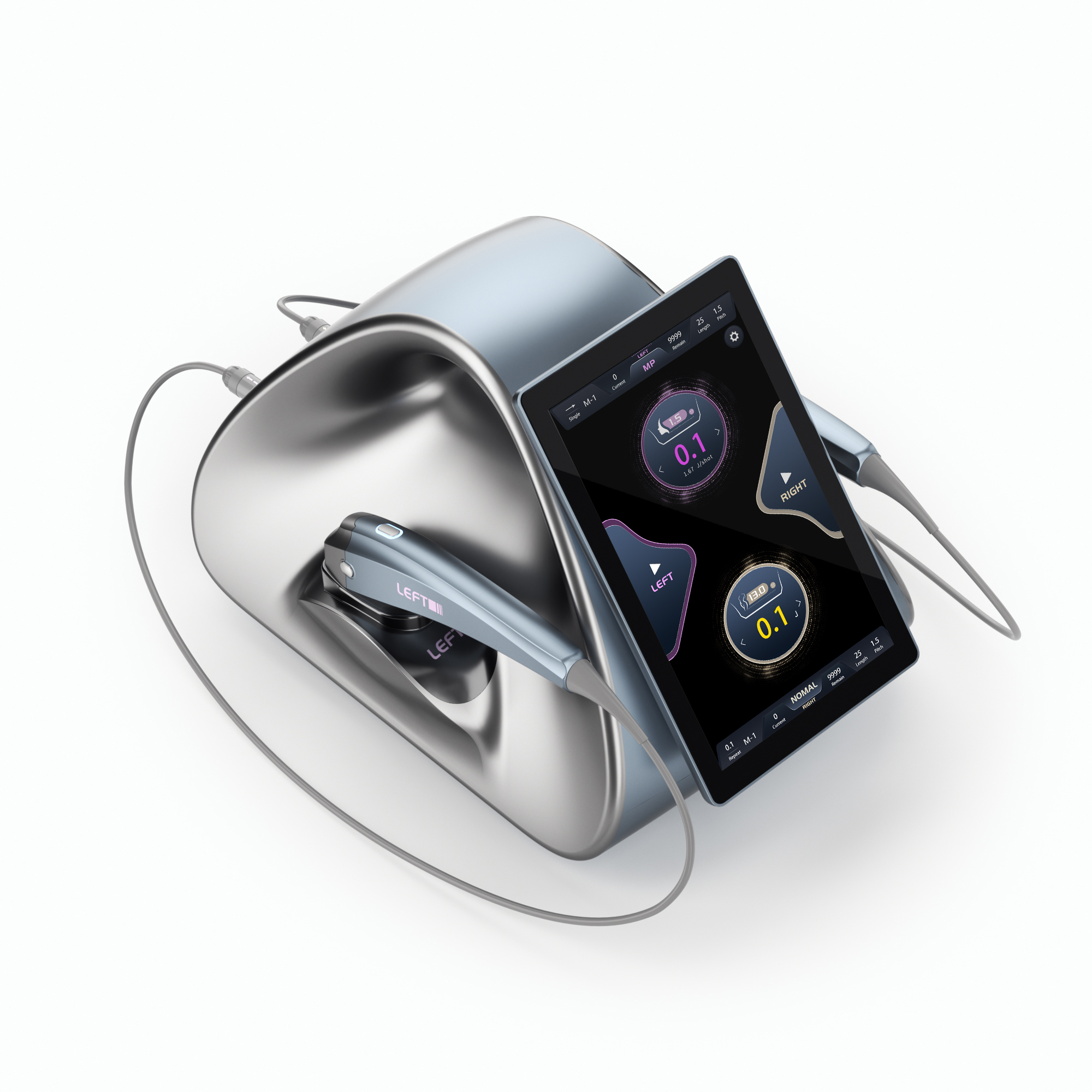 Medical aesthetic device with a digital display and two handpieces.