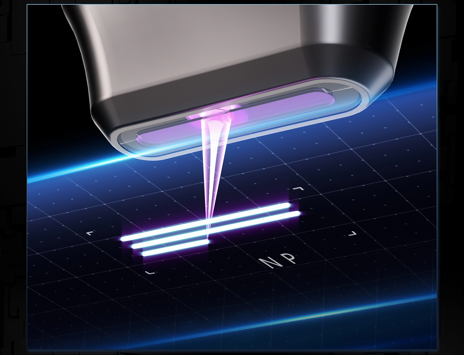 Close-up of a laser device targeting parallel lines on a grid, - HUIMAIN