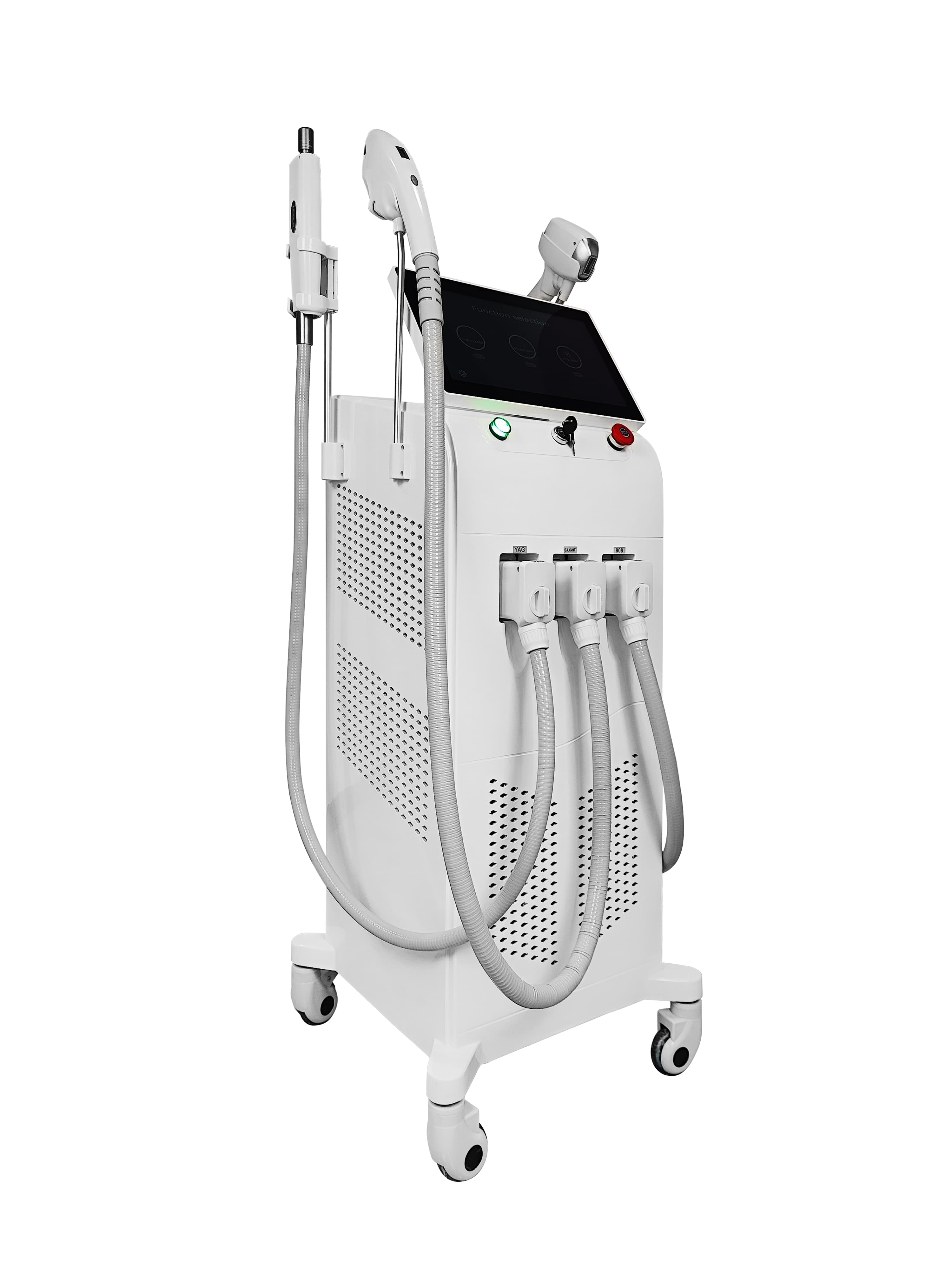 White multi-functional beauty machine with three handpieces and touchscreen control panel.
