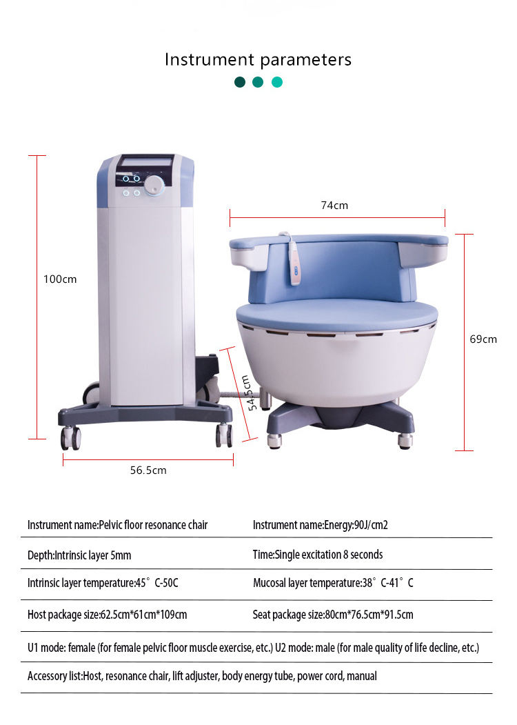 Pelvic floor resonance chair with dimensions and specifications. Pelvic floor resonance chair with dimensions and specifications.