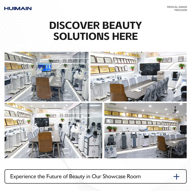 Huimain showcase room featuring medical-grade beauty equipment and awards.
