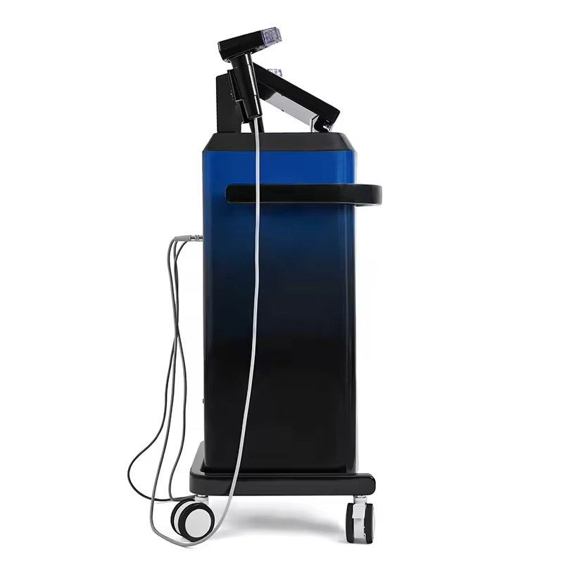 Side view of a black and blue gradient aesthetic laser therapy machine on wheels. - HUIMAIN