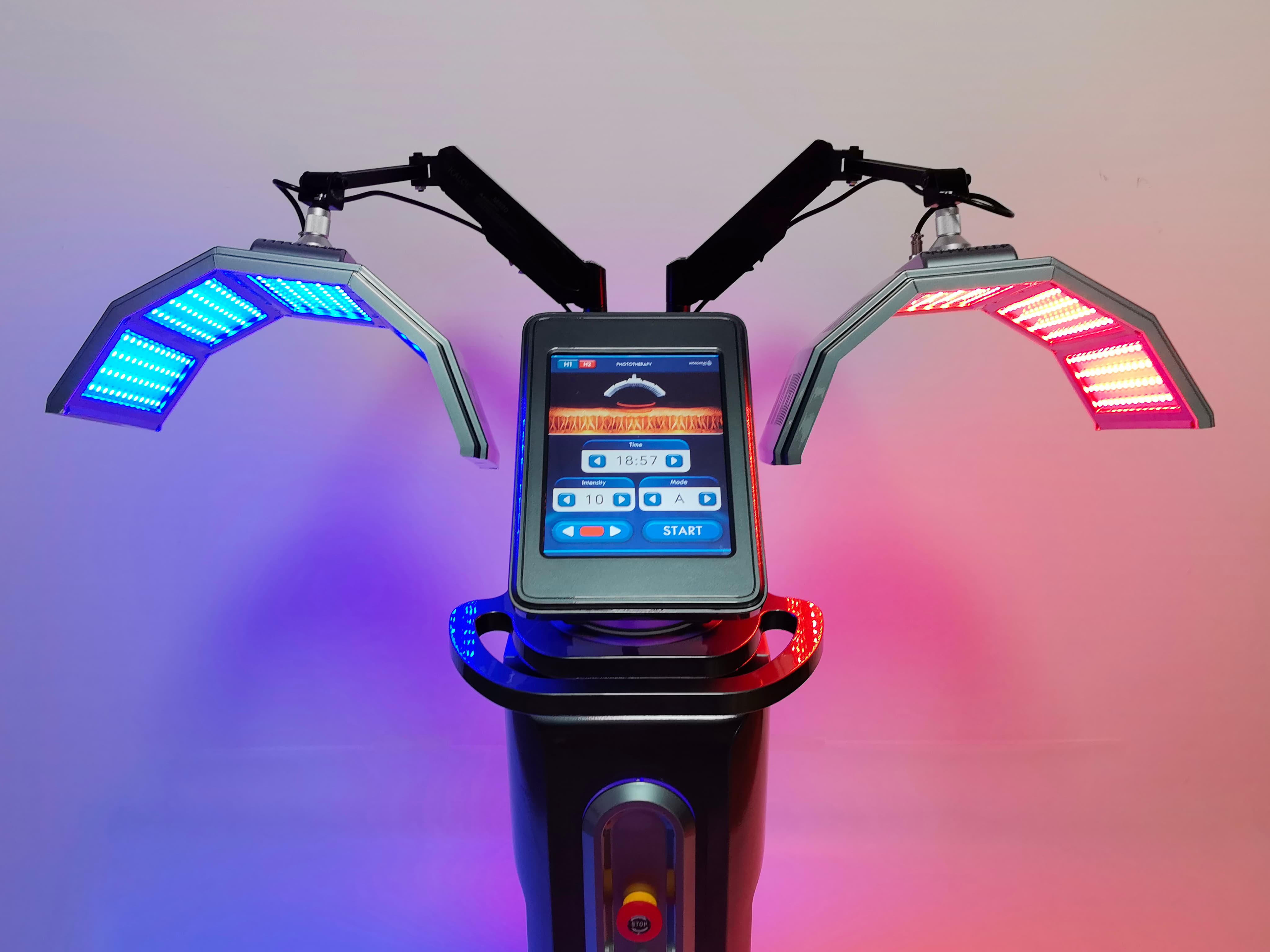 LED phototherapy device with blue and red light panels.