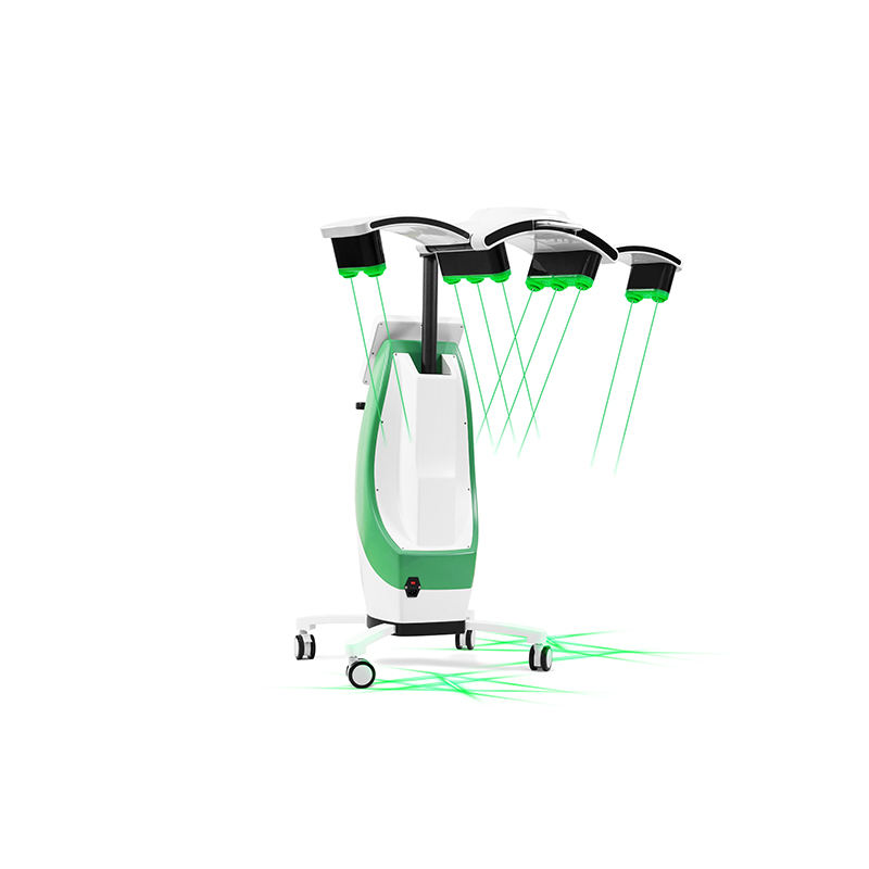 Cosmetic laser treatment machine on wheels with green laser beams.