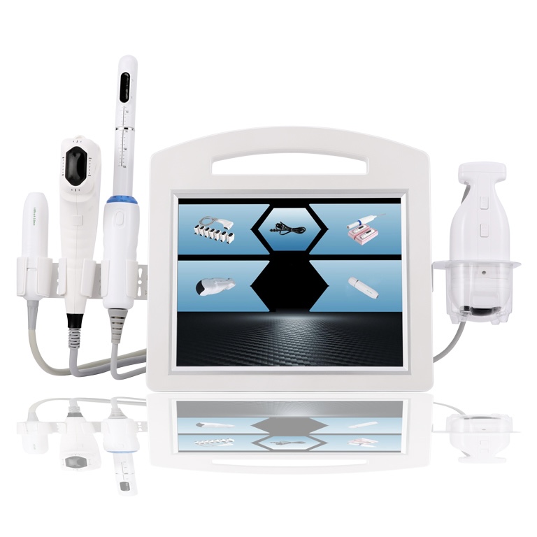 Dispositivo médico estético con varios aplicadores y pantalla de visualización.