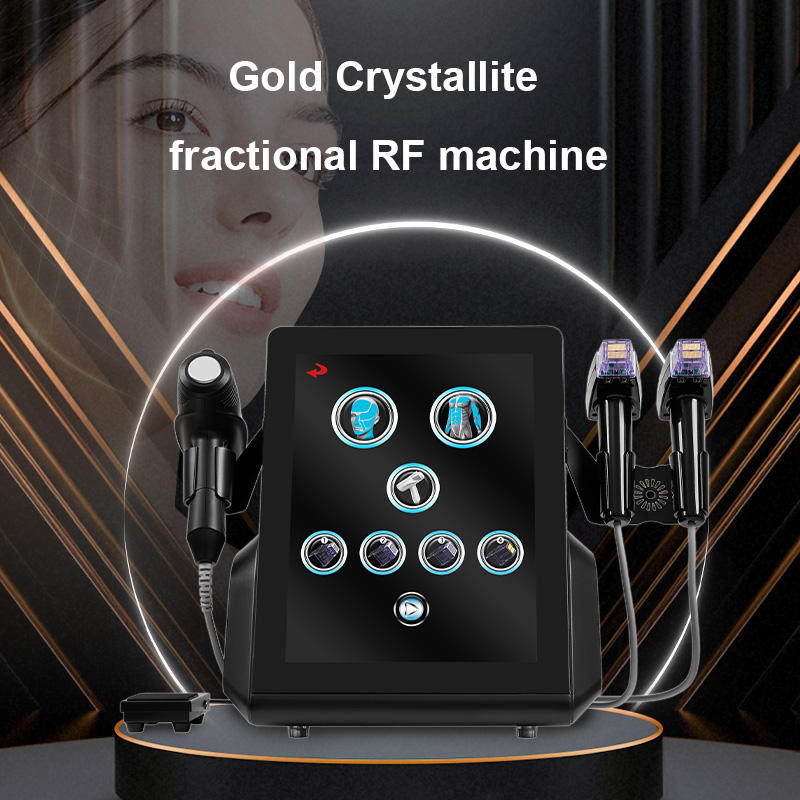 Gold Crystallite fractional RF machine with touchscreen display and multiple applicators. Gold Crystallite fractional RF machine with touchscreen display and multiple applicators.