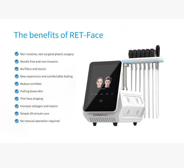 RET-Face machine showcasing benefits such as non-invasive plastic surgery, wrinkle reduction, and increased collagen production. - HUIMAIN