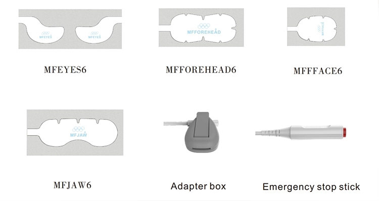 Diagram of facial masks (eyes, forehead, face, jaw), adapter box, and emergency stop stick. - HUIMAIN