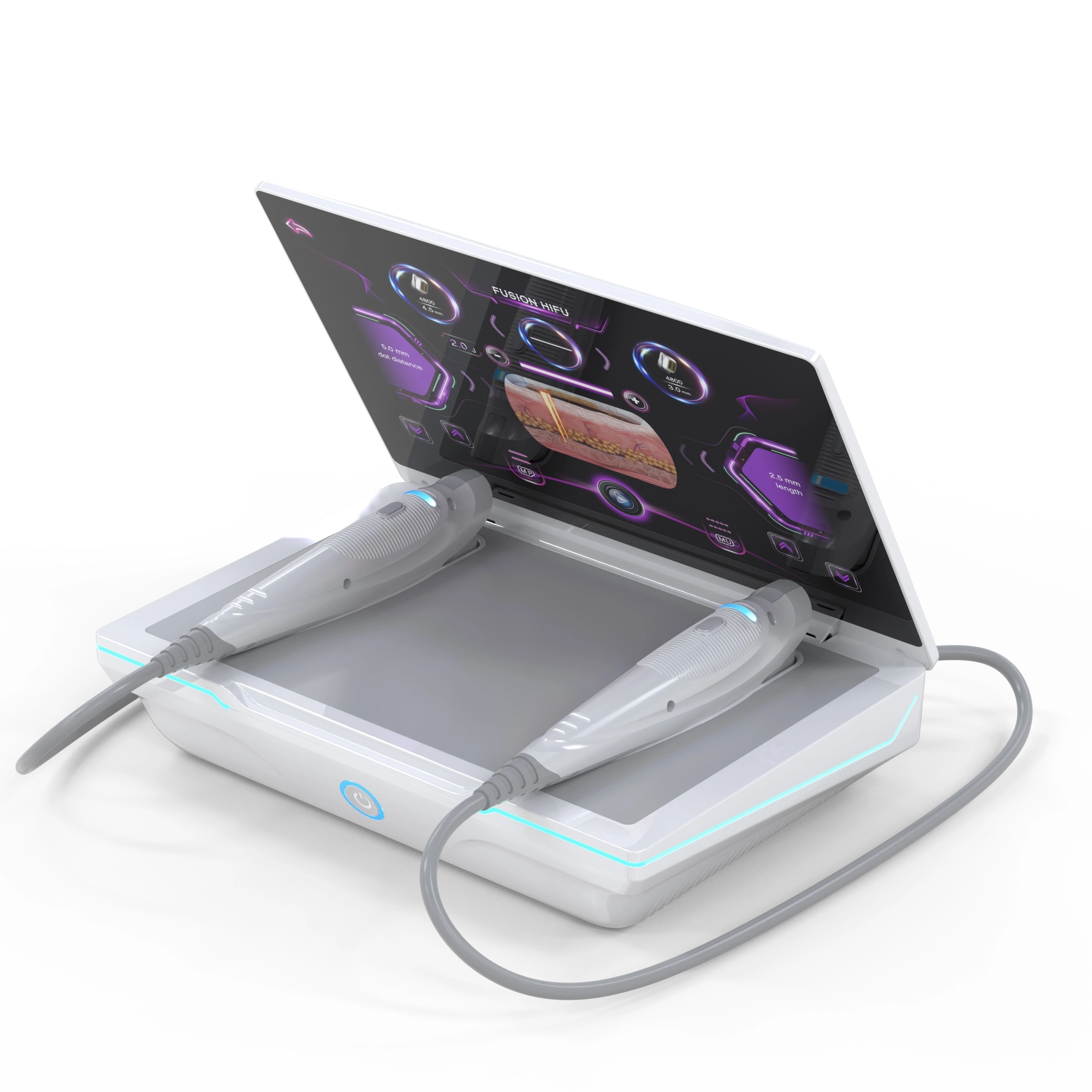 Fusion HIFU device for aesthetic skin treatments, displaying skin layer diagram. - HUIMAIN