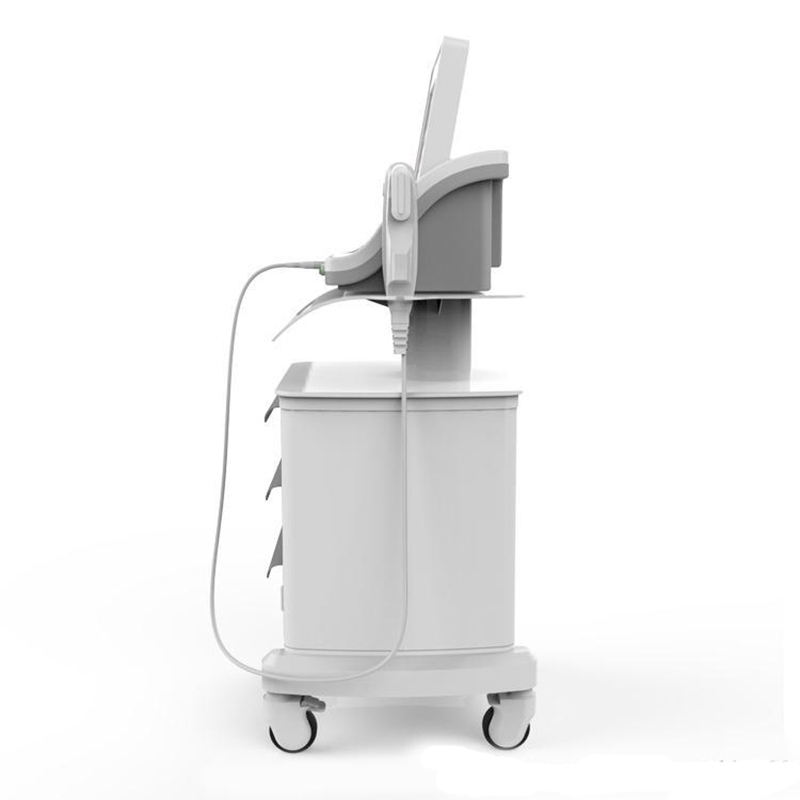 Side view of a white medical aesthetic machine on wheels with display screen and handpiece.