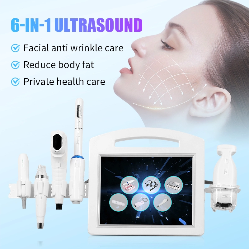 Máquina de ultrasonidos 6 en 1 para el cuidado facial antiarrugas, reducción de grasa corporal y atención médica privada con el rostro de una mujer al fondo. - HUIMAIN