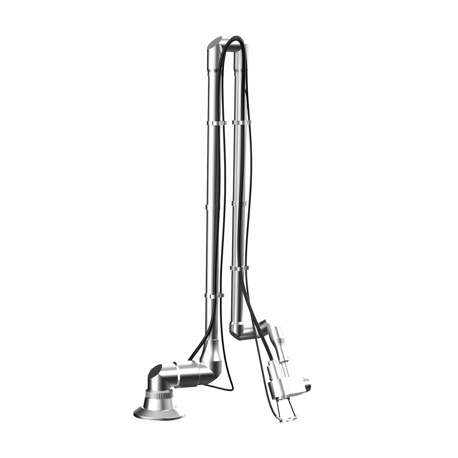 Silver articulating arm for industrial or medical equipment, isolated on white.