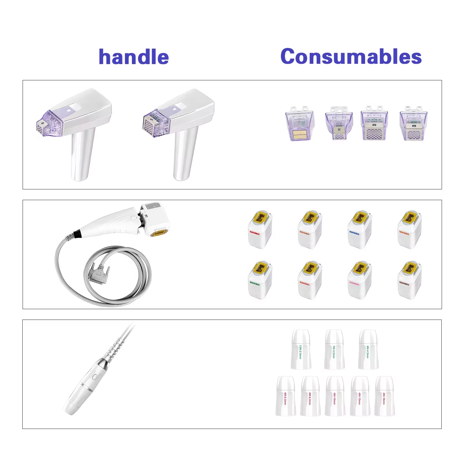 4-in-1 Cryo HIFU machine handles and cartridges for facial and body treatments. - HUIMAIN