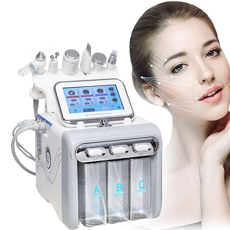 Professional facial hydrodermabrasion machine next to a woman with facial mapping lines. - HUIMAIN