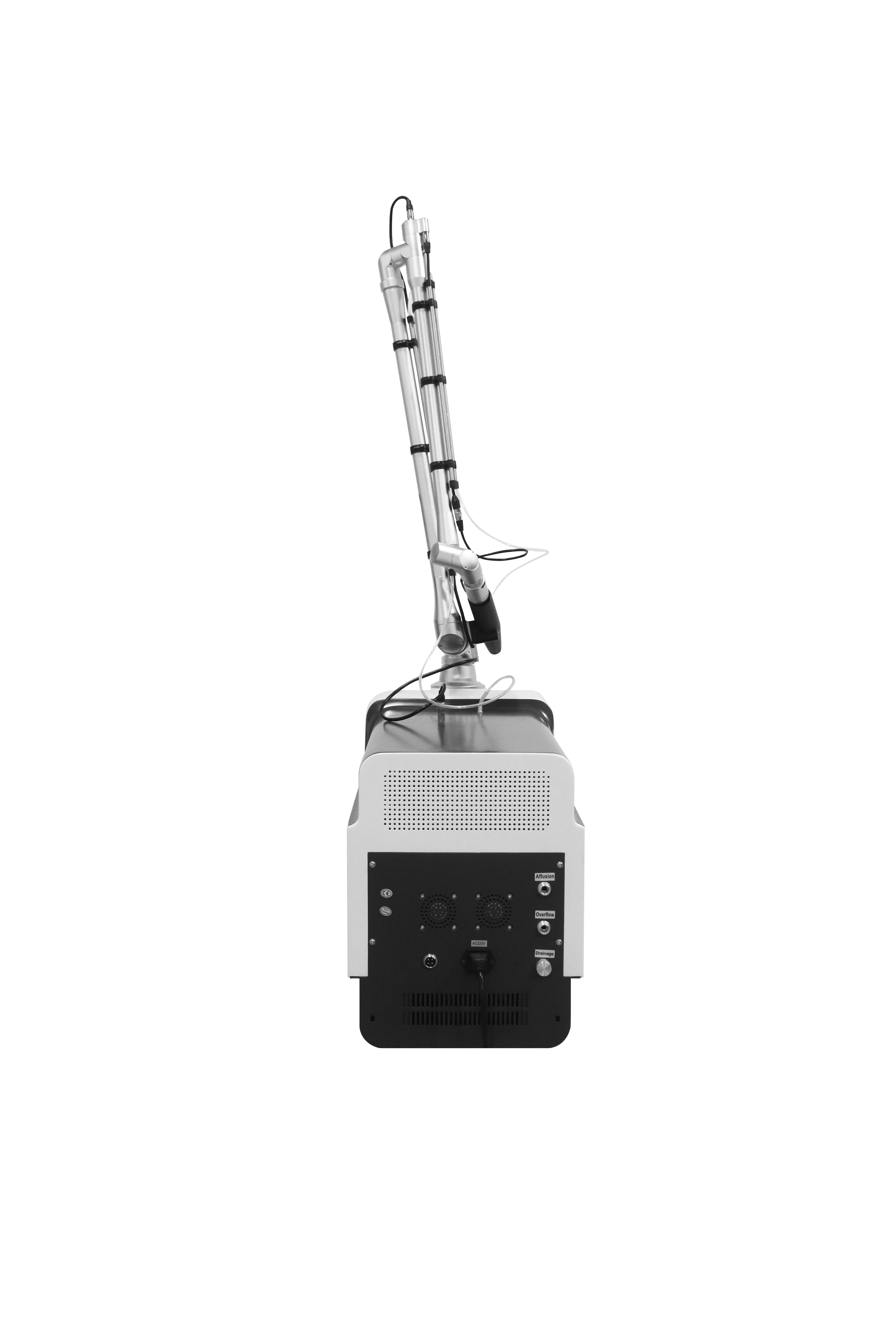 Back view of a medical aesthetic laser machine with articulated arm