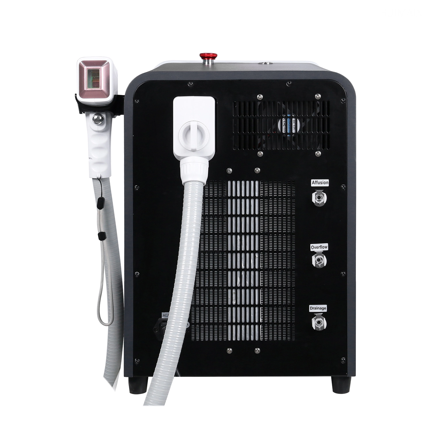 Rear view of a laser hair removal machine with water cooling ports. - HUIMAIN