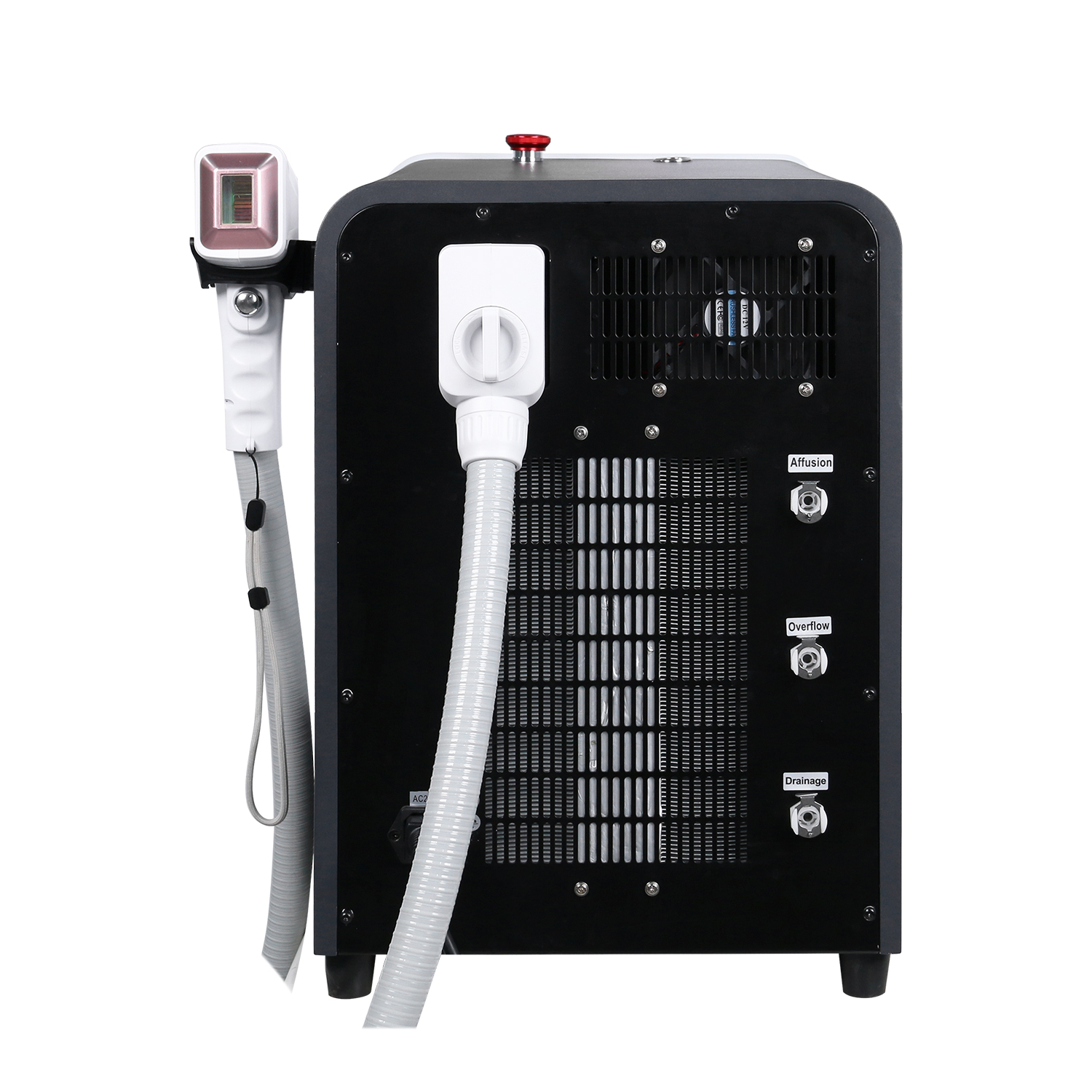 Rear view of a laser hair removal machine with water cooling ports.