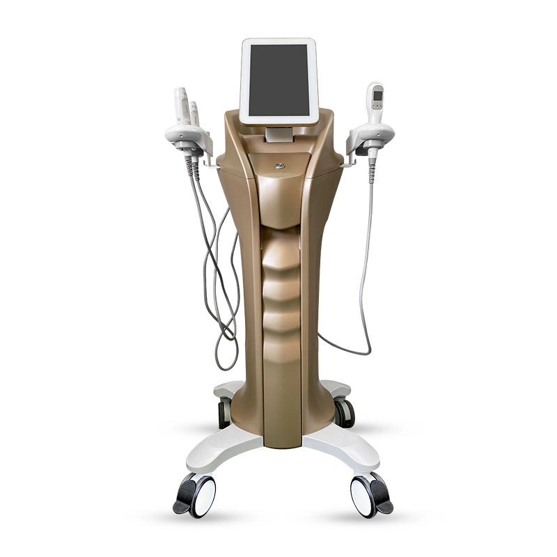 Gold-colored cosmetic treatment machine on wheels with screen and handpieces. - HUIMAIN