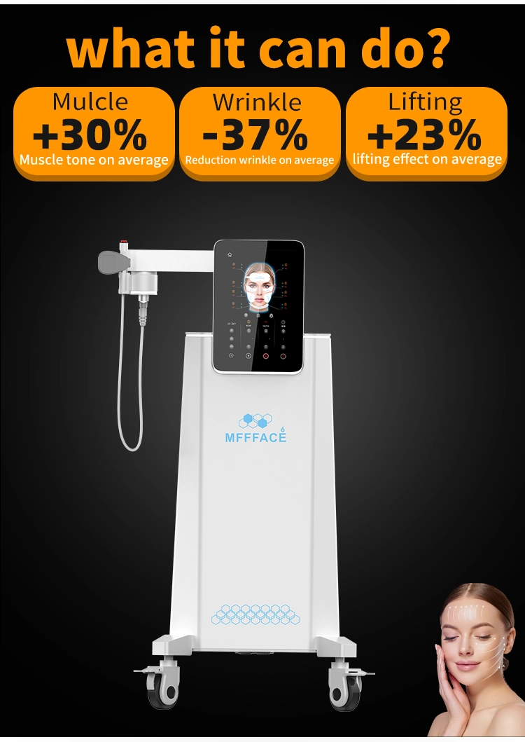 MFFFACE aesthetic device for muscle toning, wrinkle reduction, and lifting, with a woman showing effects. - HUIMAIN