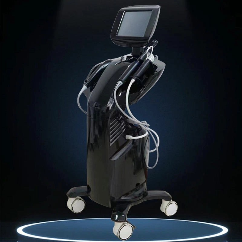 Black medical aesthetic machine with screen and handpieces on a wheeled base. - HUIMAIN
