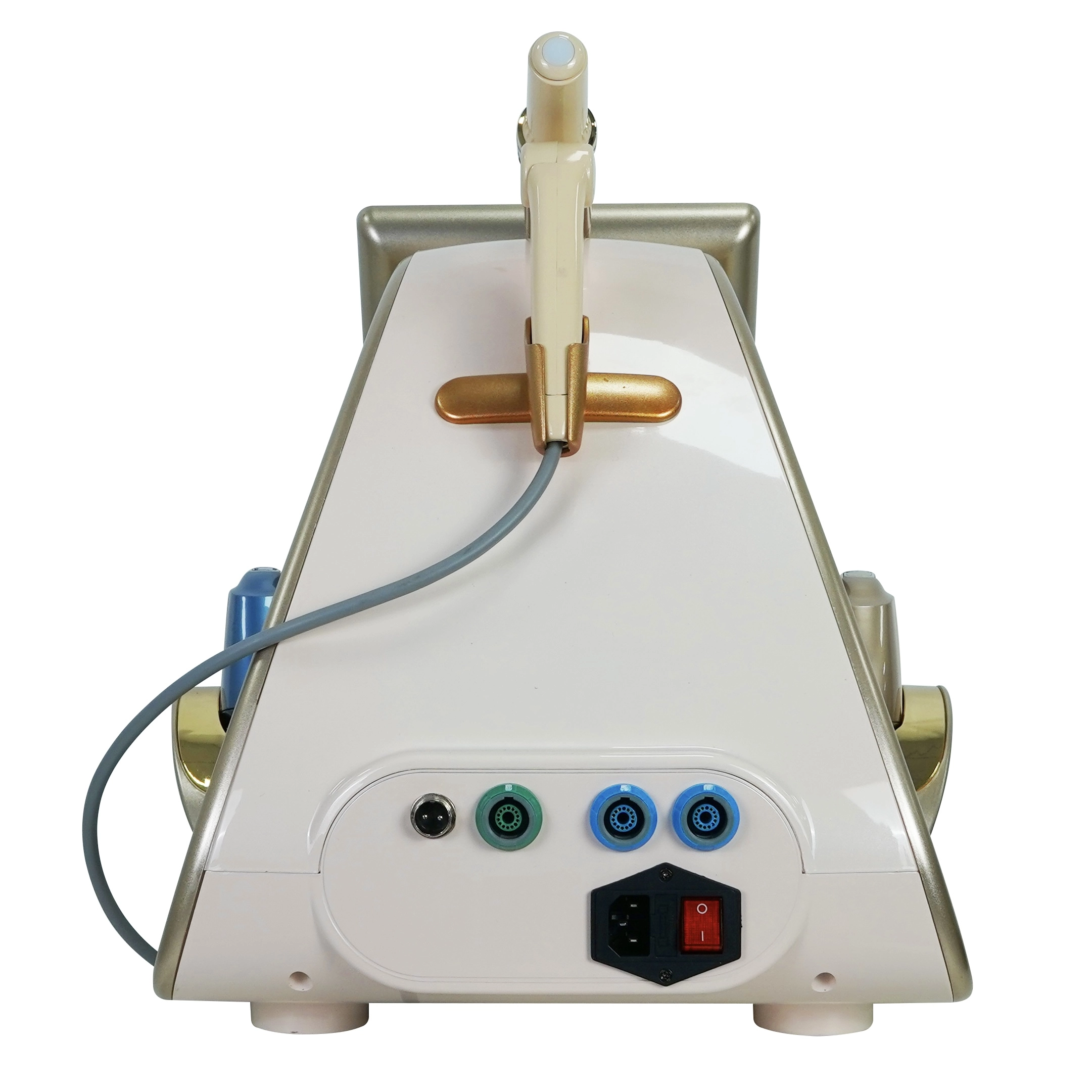 Rear view of a beige and gold cosmetic laser device showing ports and power switch. - HUIMAIN