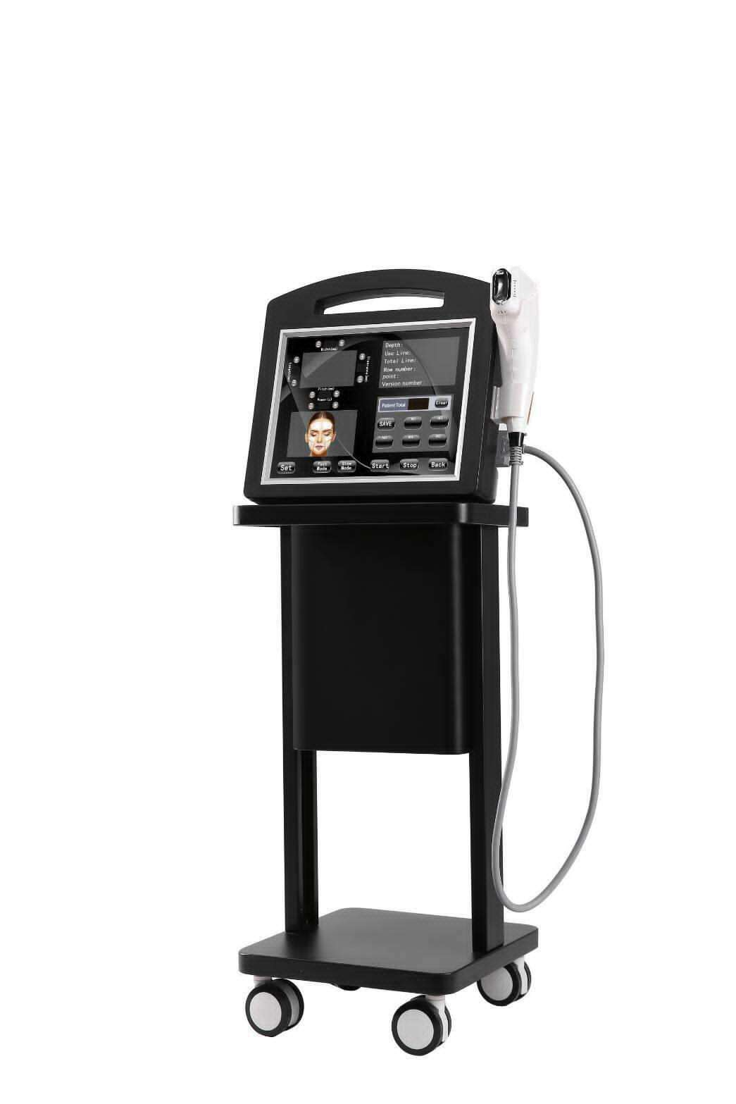 Black professional skincare device on a wheeled cart.