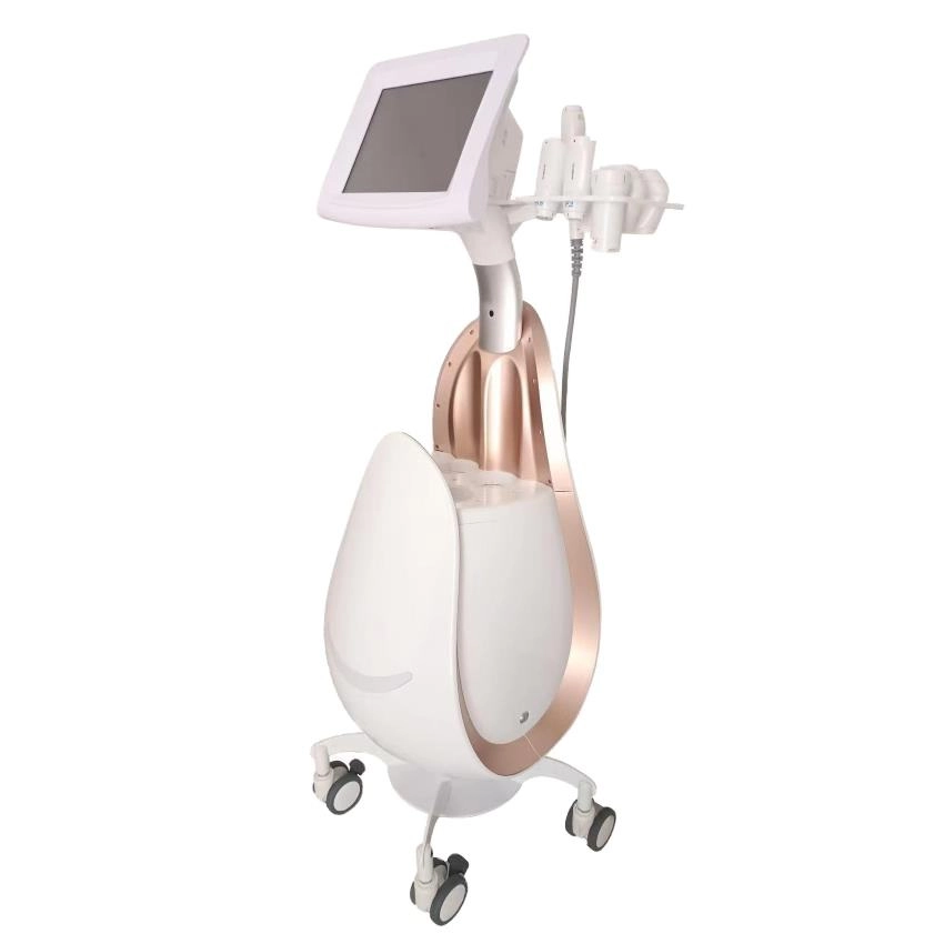 Aesthetic medical device with a touchscreen and multiple handpieces on a rolling stand. - HUIMAIN