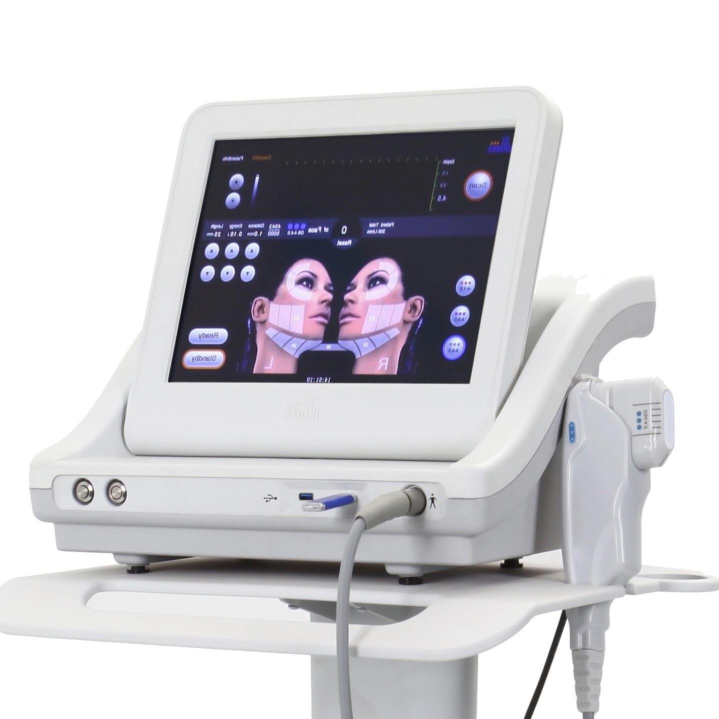 Close-up of a white skin tightening machine with a screen displaying facial mapping. Close-up of a white skin tightening machine with a screen displaying facial mapping.