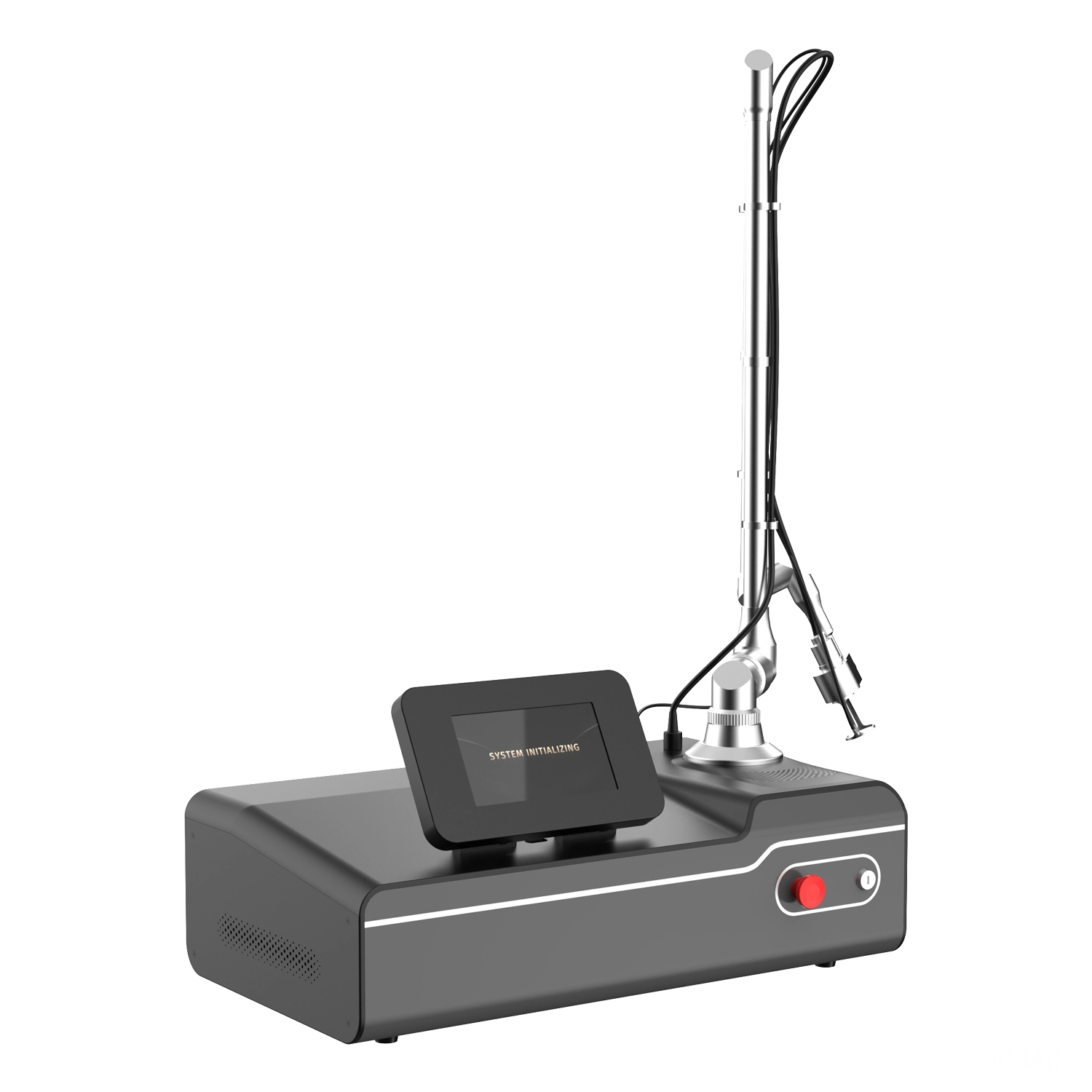 Gray and silver fractional CO2 laser device with a touchscreen display showing SYSTEM INITIALIZING - HUIMAIN