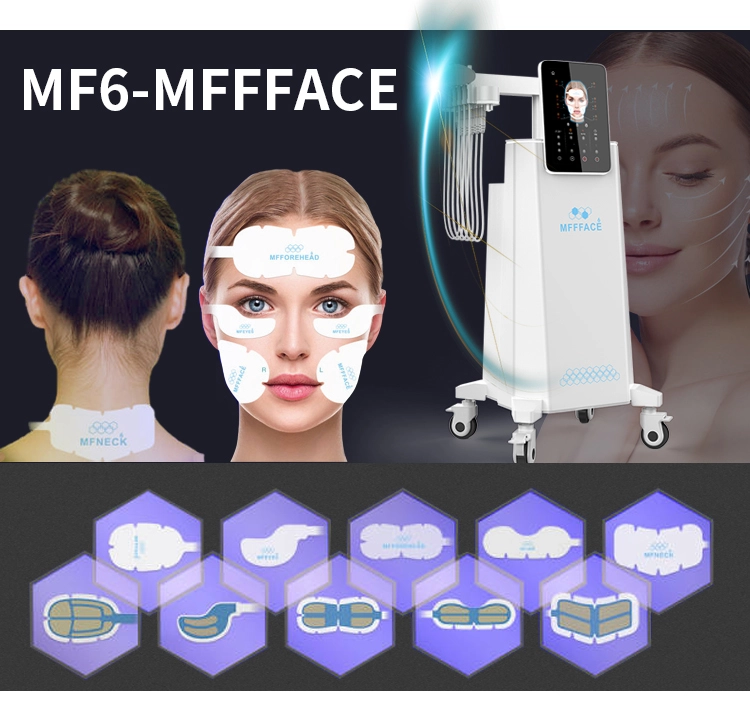 MF6-MFFFACE facial treatment device with diagrams of application pads for different face and neck areas. - HUIMAIN