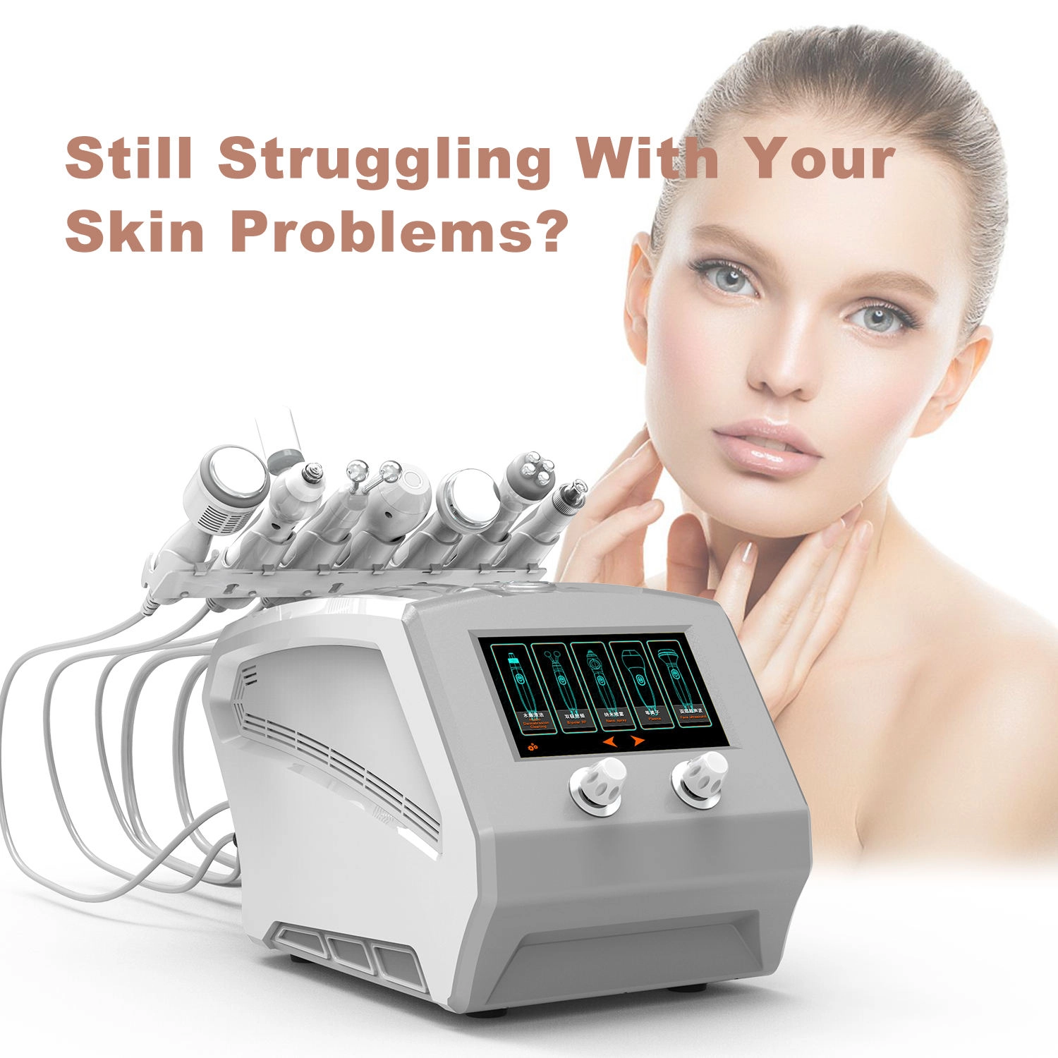 Image of a 7 in 1 Hydra Water Oxygen Hydrafacial Machine and model. - HUIMAIN