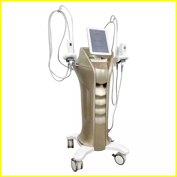 Aesthetic machine with a touchscreen display and two handpieces on a rolling stand. - HUIMAIN